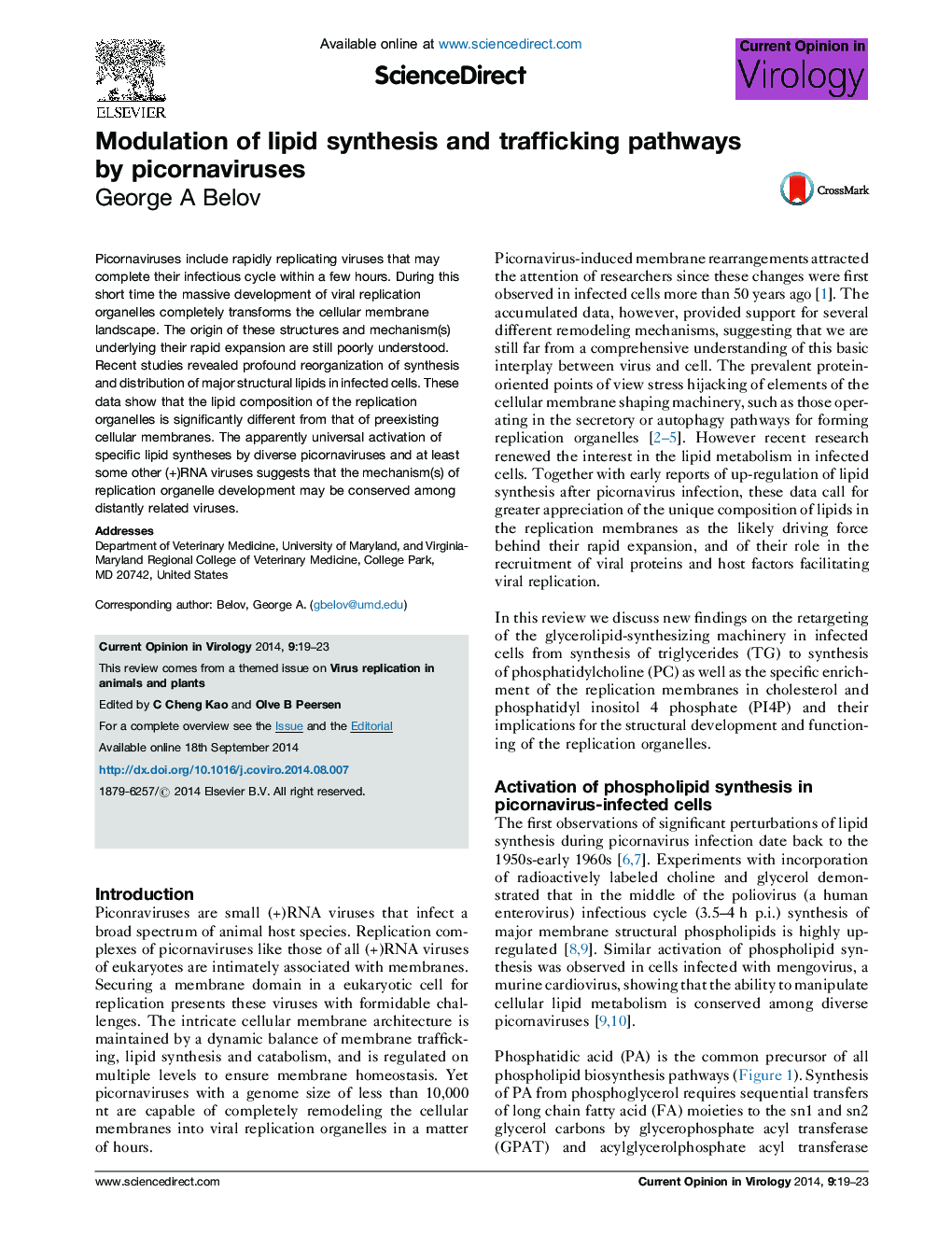 Modulation of lipid synthesis and trafficking pathways by picornaviruses