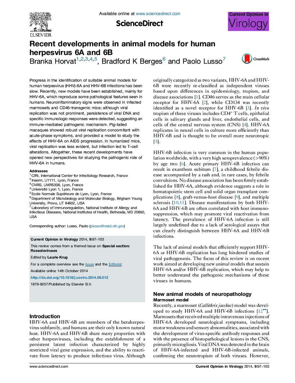 Recent developments in animal models for human herpesvirus 6A and 6B