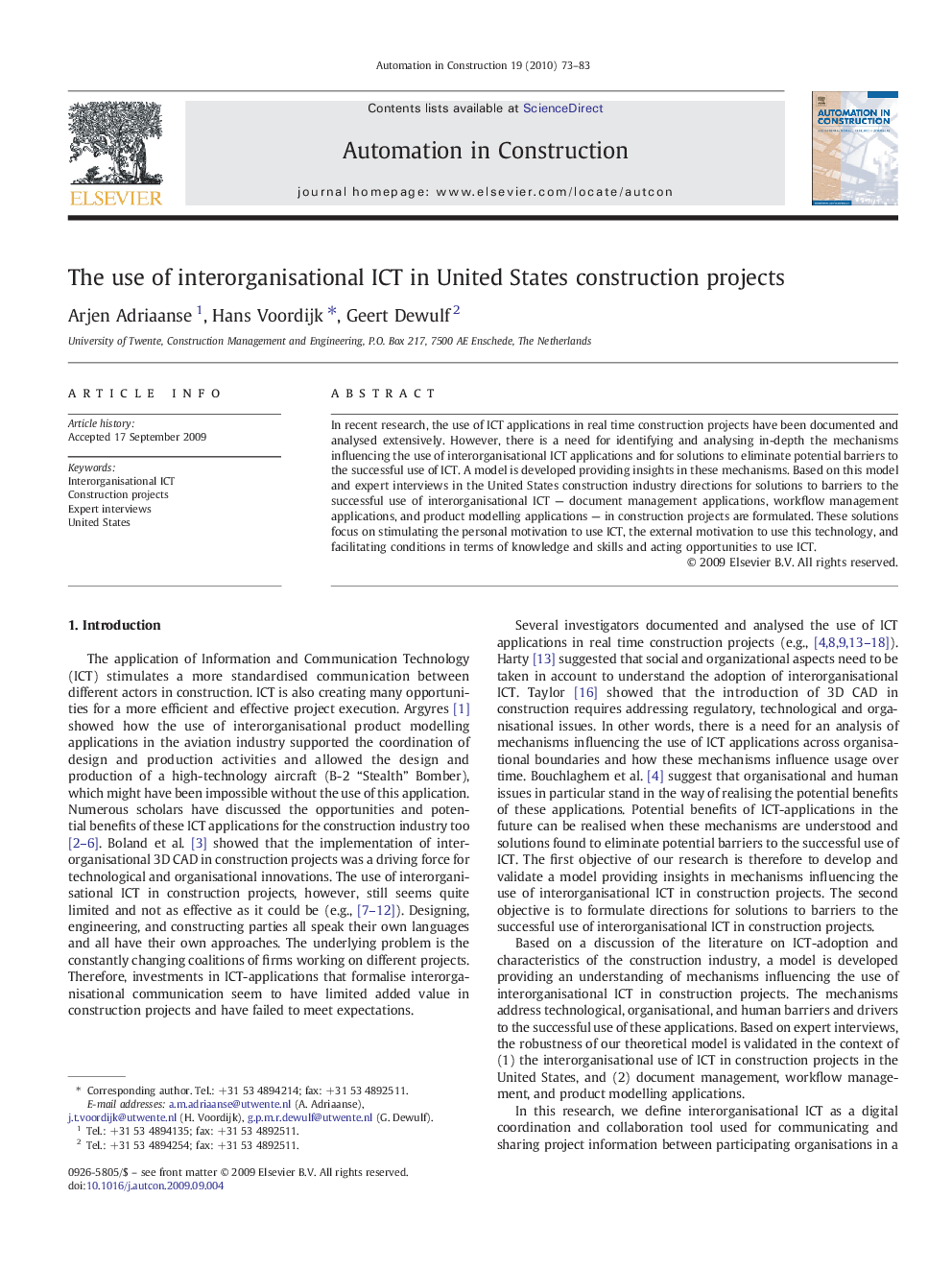 The use of interorganisational ICT in United States construction projects