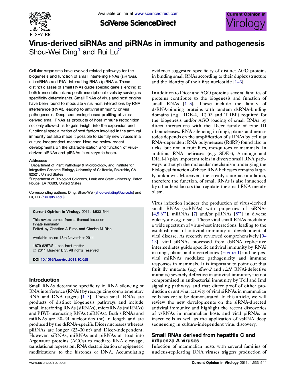 Virus-derived siRNAs and piRNAs in immunity and pathogenesis