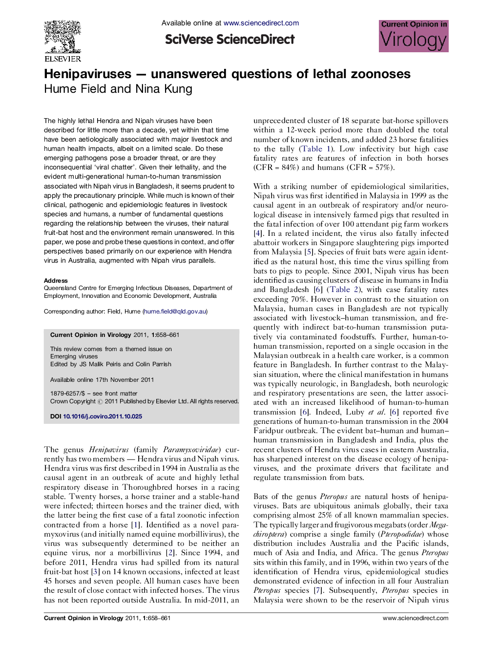 Henipaviruses — unanswered questions of lethal zoonoses