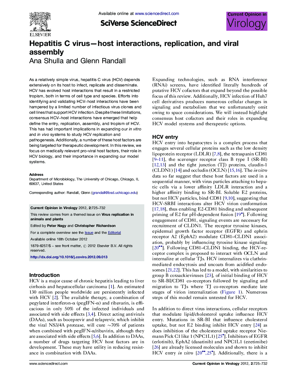 Hepatitis C virus—host interactions, replication, and viral assembly