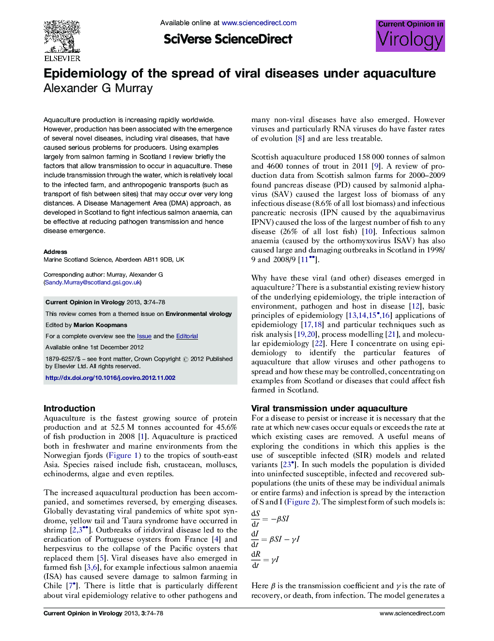 Epidemiology of the spread of viral diseases under aquaculture