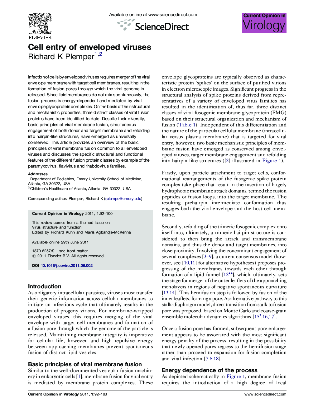 Cell entry of enveloped viruses