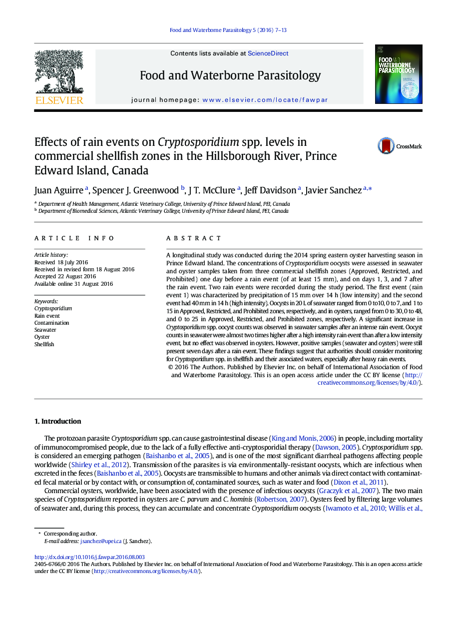 اثر رویدادهای بارانی بر سطوح گونه‌های کریپتوسپوریدیوم. در مناطق صدف تجاری در هیلزبورو River، جزیره پرنس ادوارد، کانادا