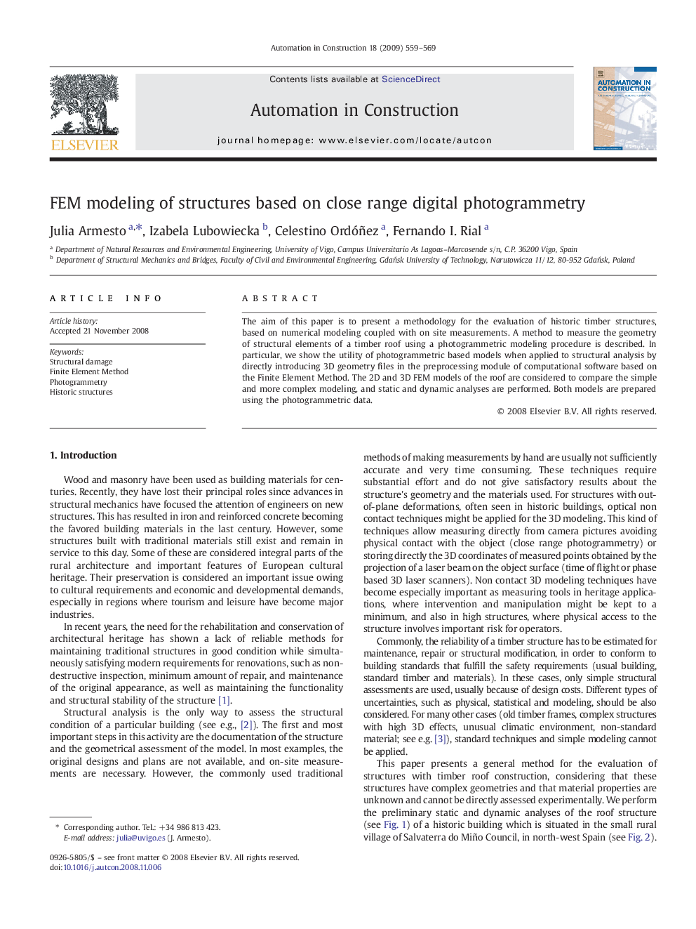 FEM modeling of structures based on close range digital photogrammetry