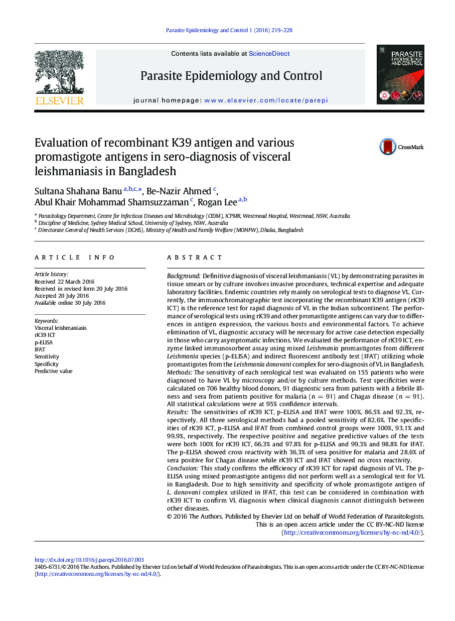 Evaluation of recombinant K39 antigen and various promastigote antigens in sero-diagnosis of visceral leishmaniasis in Bangladesh