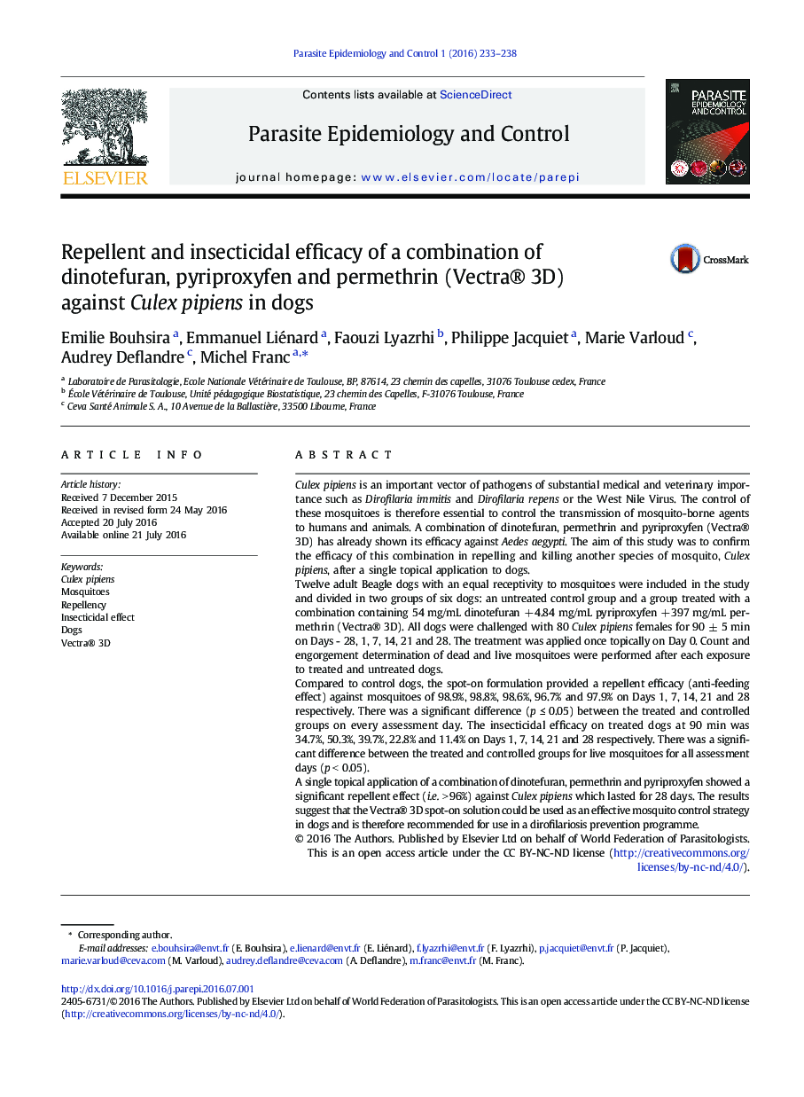 اثربخشی ضدآب و حشره کشی یک ترکیب از دیوتهفوران، پیریپروکسیفن و پرمترین (Vectra® 3D) در برابر Culex pipiens در سگ ها