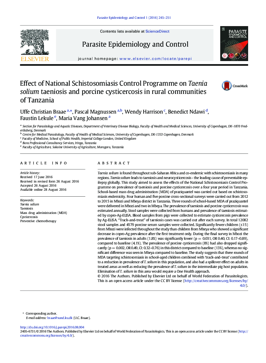 Effect of National Schistosomiasis Control Programme on Taenia solium taeniosis and porcine cysticercosis in rural communities of Tanzania
