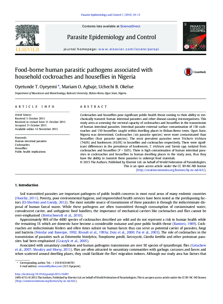 Food-borne human parasitic pathogens associated with household cockroaches and houseflies in Nigeria