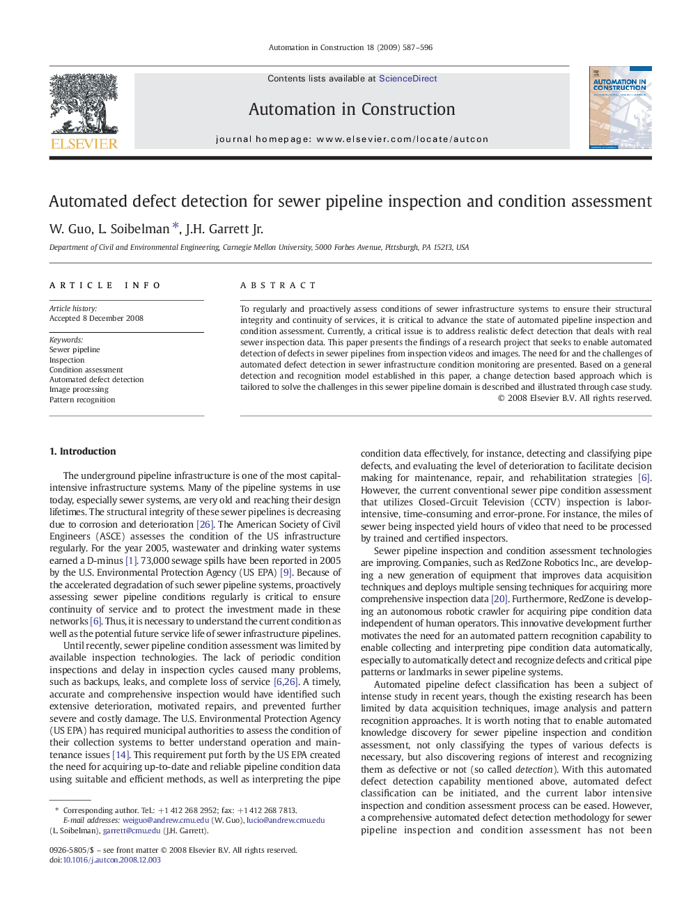 Automated defect detection for sewer pipeline inspection and condition assessment