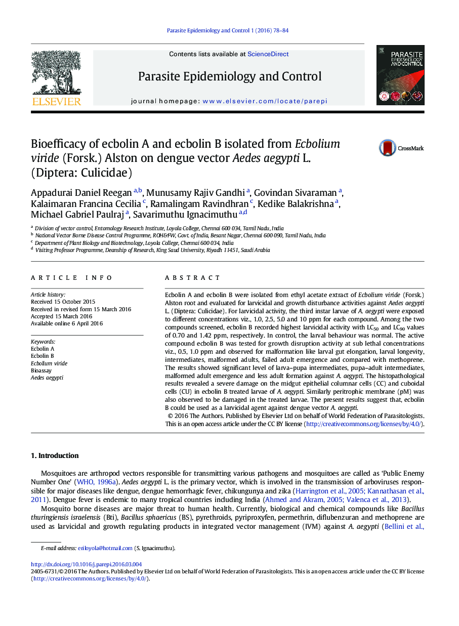 Bioefficacy of ecbolin A and ecbolin B isolated from Ecbolium viride (Forsk.) Alston on dengue vector Aedes aegypti L. (Diptera: Culicidae)