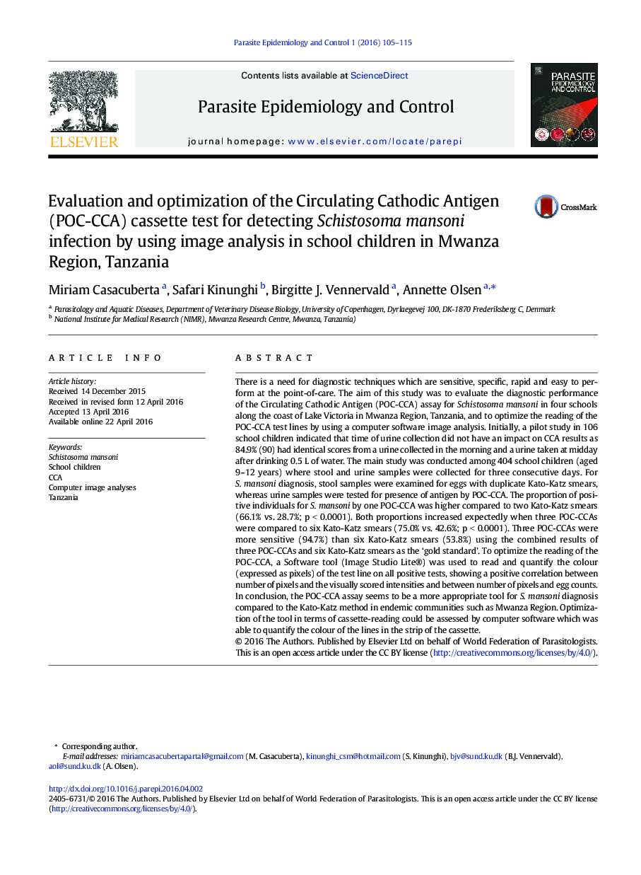 Evaluation and optimization of the Circulating Cathodic Antigen (POC-CCA) cassette test for detecting Schistosoma mansoni infection by using image analysis in school children in Mwanza Region, Tanzania