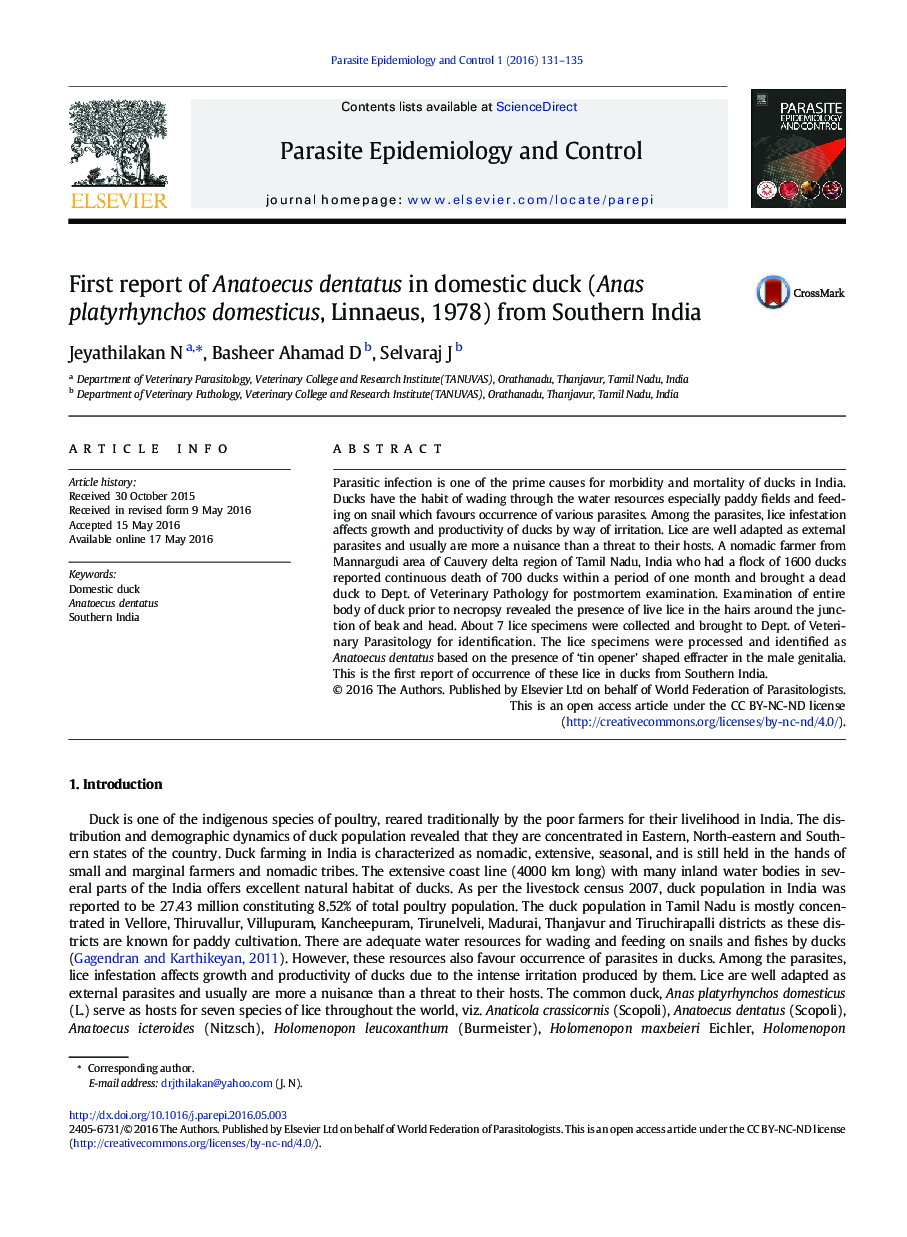 First report of Anatoecus dentatus in domestic duck (Anas platyrhynchos domesticus, Linnaeus, 1978) from Southern India