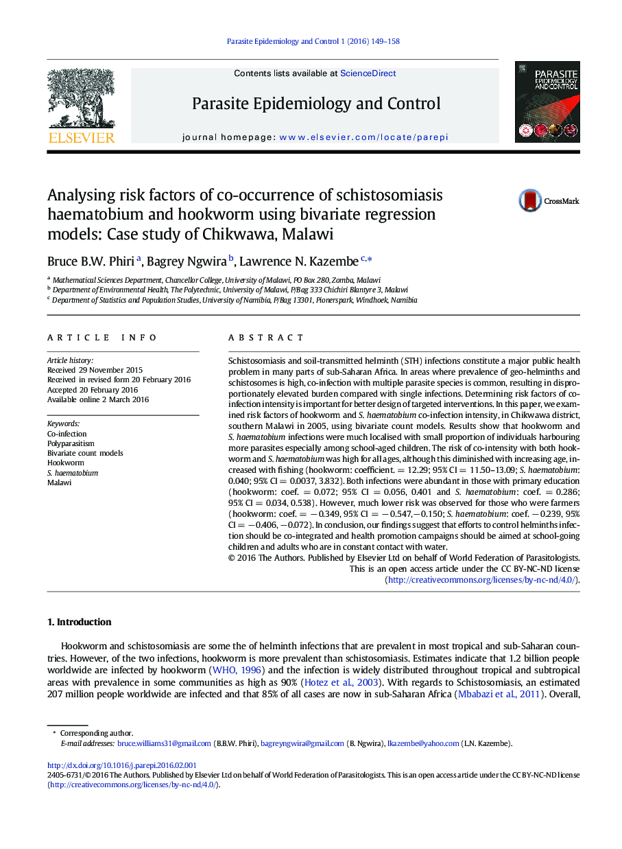 تجزیه و تحلیل عوامل خطر وقوع همزمان هماتوبیوم شیستوزومیازیس و کرم قلابدار با استفاده از مدل رگرسیون دو متغیره: مطالعه موردی چیکواوا، مالاوی