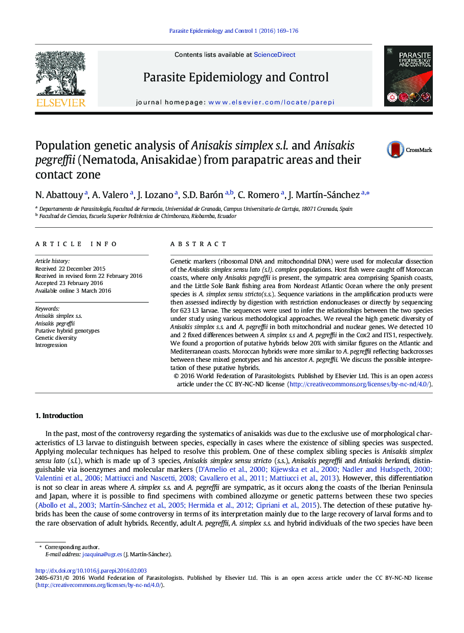 تجزیه و تحلیل ژنتیکی جمعیت از Anisakis simplex s.l. و Anisakis pegreffii (Nematoda، Anisakidae) از مناطق پاراپاتریس و منطقه تماس آنها