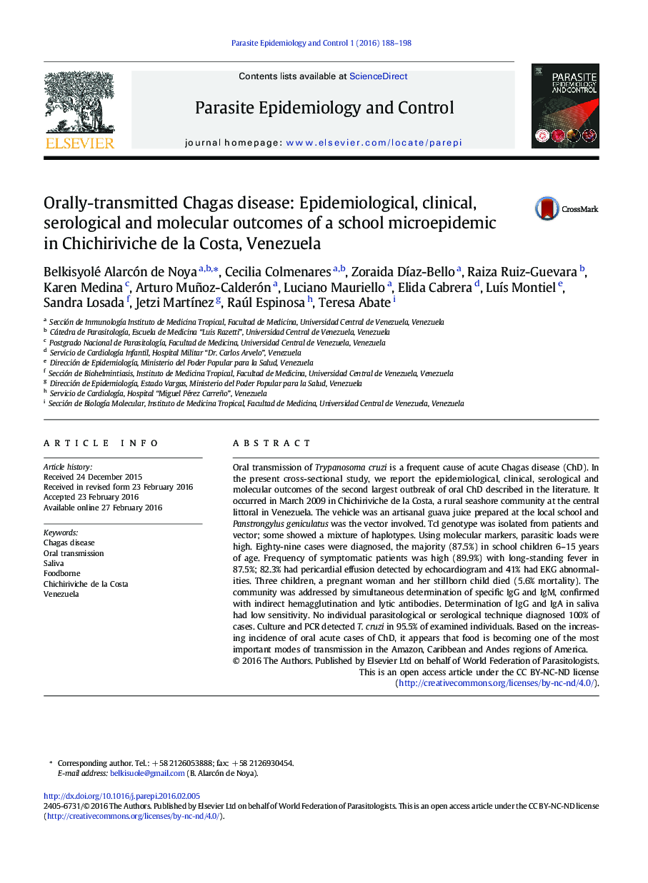 Orally-transmitted Chagas disease: Epidemiological, clinical, serological and molecular outcomes of a school microepidemic in Chichiriviche de la Costa, Venezuela