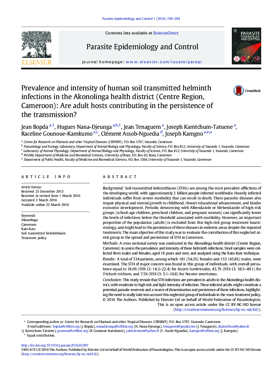 Prevalence and intensity of human soil transmitted helminth infections in the Akonolinga health district (Centre Region, Cameroon): Are adult hosts contributing in the persistence of the transmission?