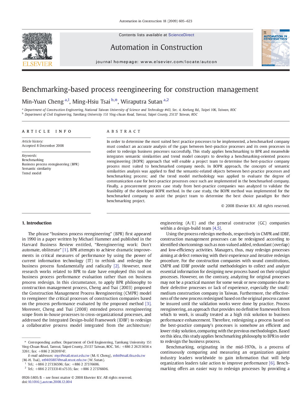 Benchmarking-based process reengineering for construction management