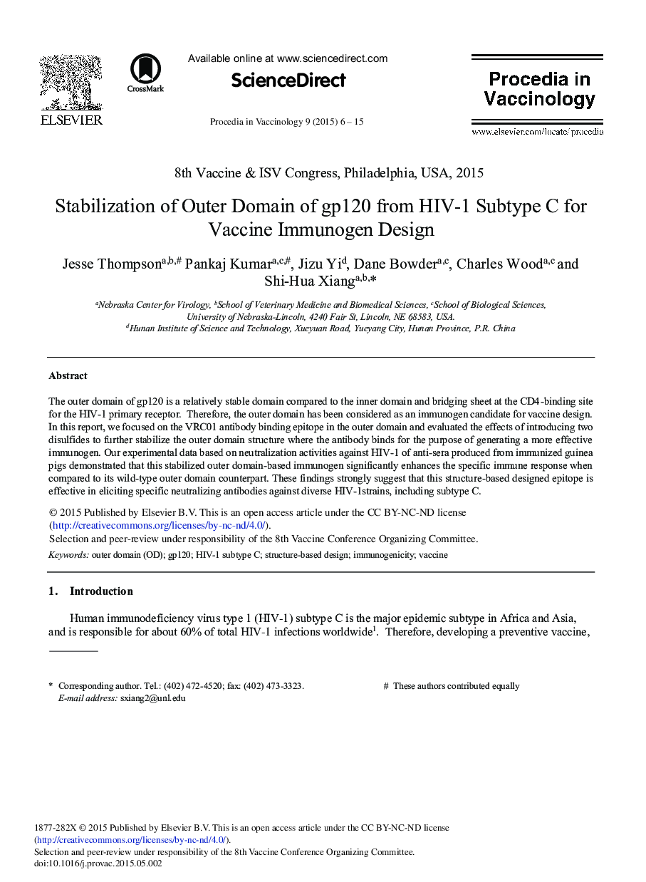 Stabilization of Outer Domain of gp120 from HIV-1 Subtype C for Vaccine Immunogen Design 