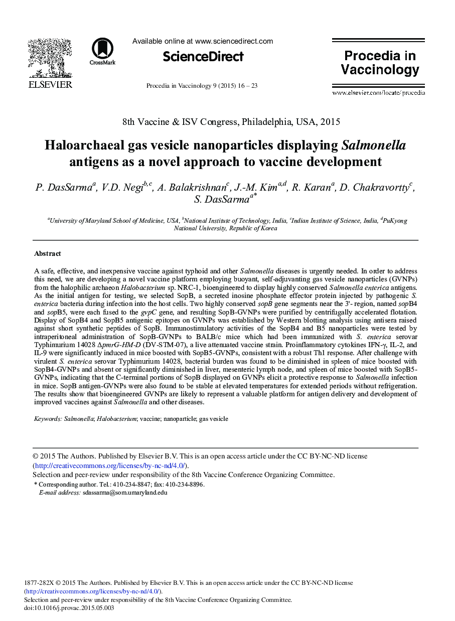 Haloarchaeal Gas Vesicle Nanoparticles Displaying Salmonella Antigens as a Novel Approach to Vaccine Development 