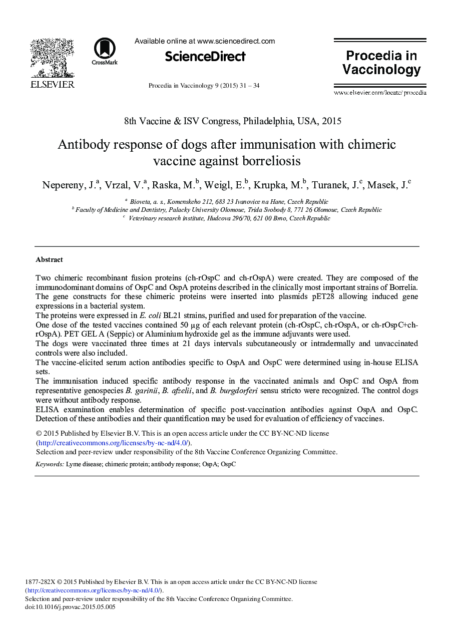 Antibody Response of Dogs After Immunisation with Chimeric Vaccine Against Borreliosis 