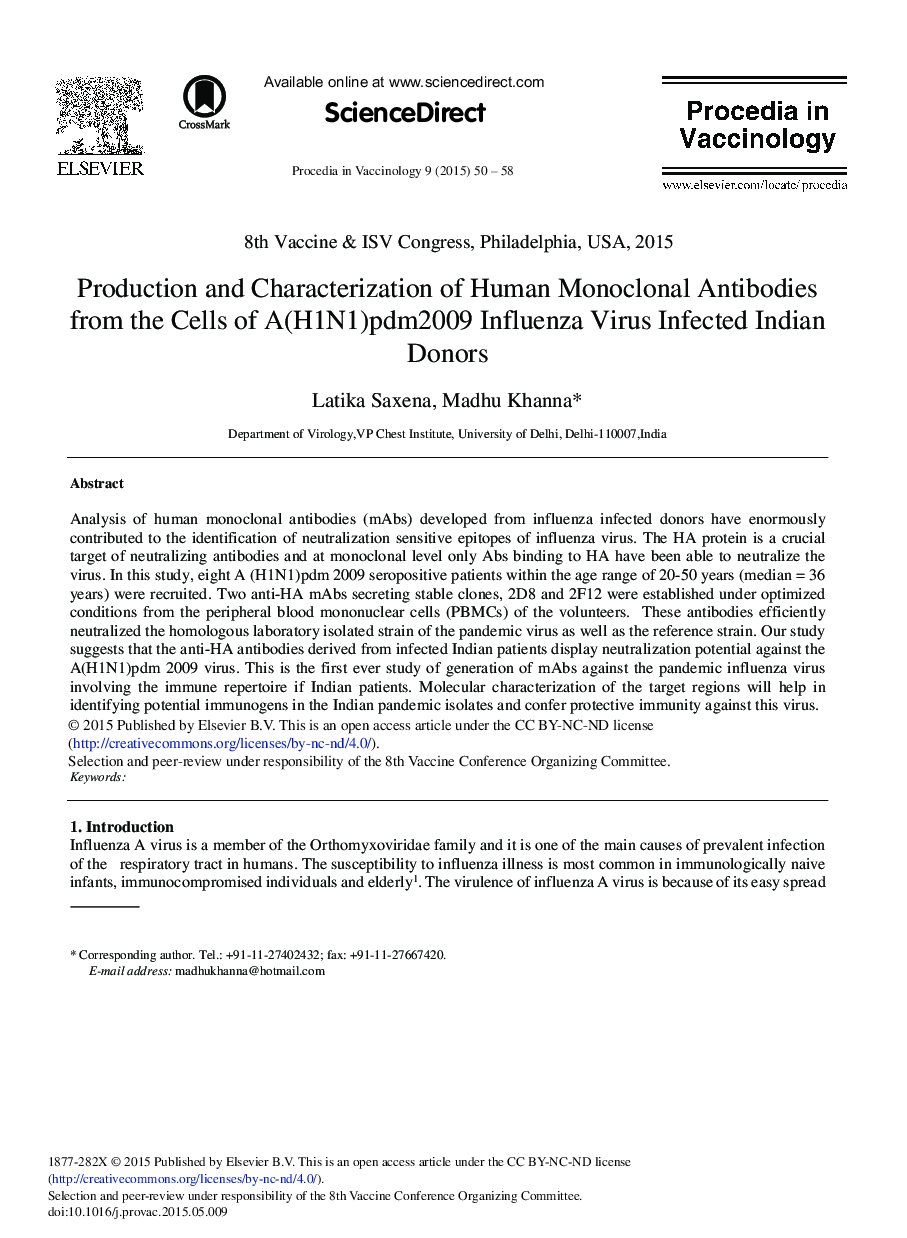 Production and Characterization of Human Monoclonal Antibodies from the Cells of A(H1N1)pdm2009 Influenza Virus Infected Indian Donors 