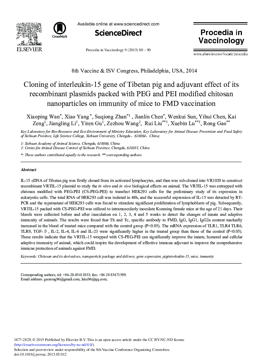 Cloning of interleukin-15 gene of Tibetan pig and adjuvant effect of its recombinant plasmids packed with PEG and PEI modified chitosan nanoparticles on immunity of mice to FMD vaccination 