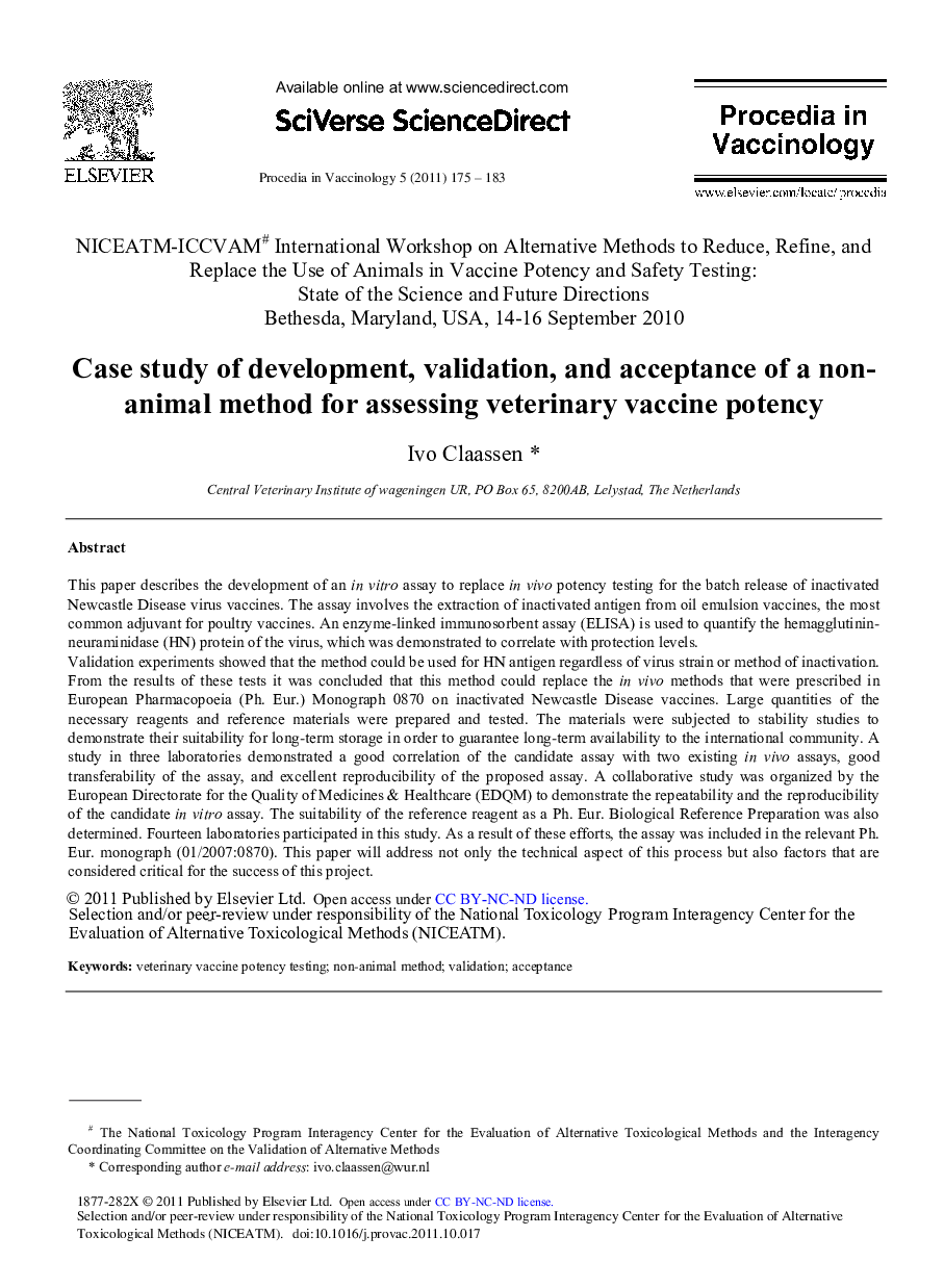 Case study of development, validation, and acceptance of a non-animal method for assessing veterinary vaccine potency