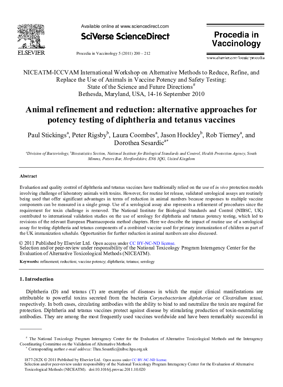 Animal Refinement and Reduction: Alternative Approaches for Potency Testing of Diphtheria and Tetanus Vaccines