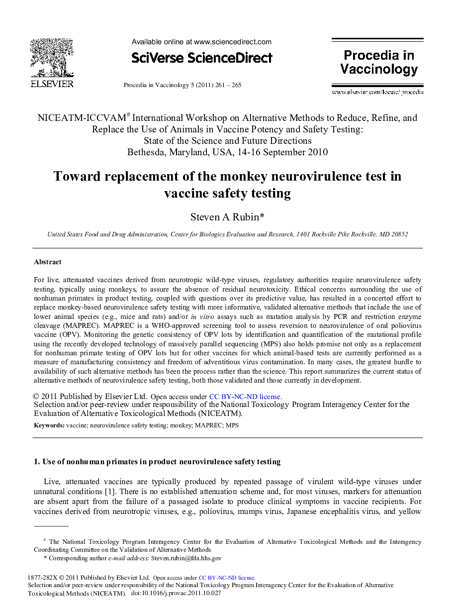 Toward replacement of the monkey neurovirulence test in vaccine safety testing 