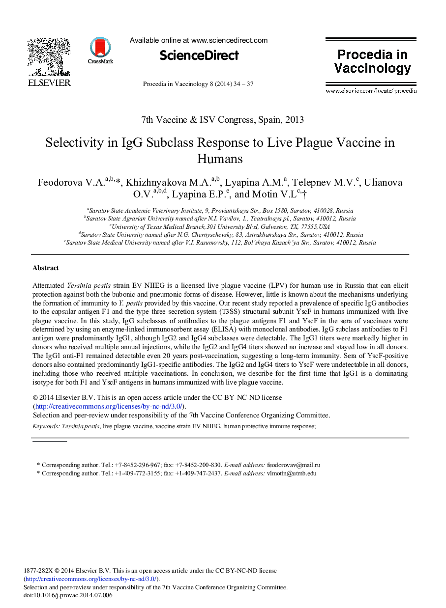 Selectivity in IgG Subclass Response to Live Plague Vaccine in Humans 