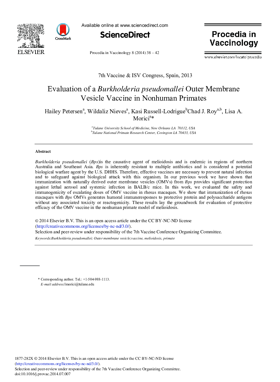 Evaluation of a Burkholderia Pseudomallei Outer Membrane Vesicle Vaccine in Nonhuman Primates 