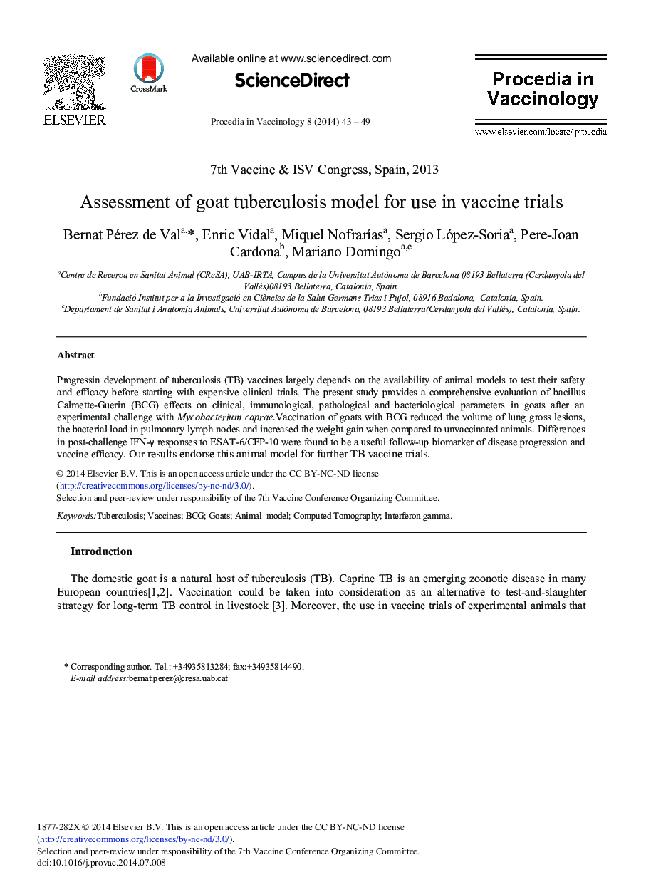 Assessment of Goat Tuberculosis Model for Use in Vaccine Trials 