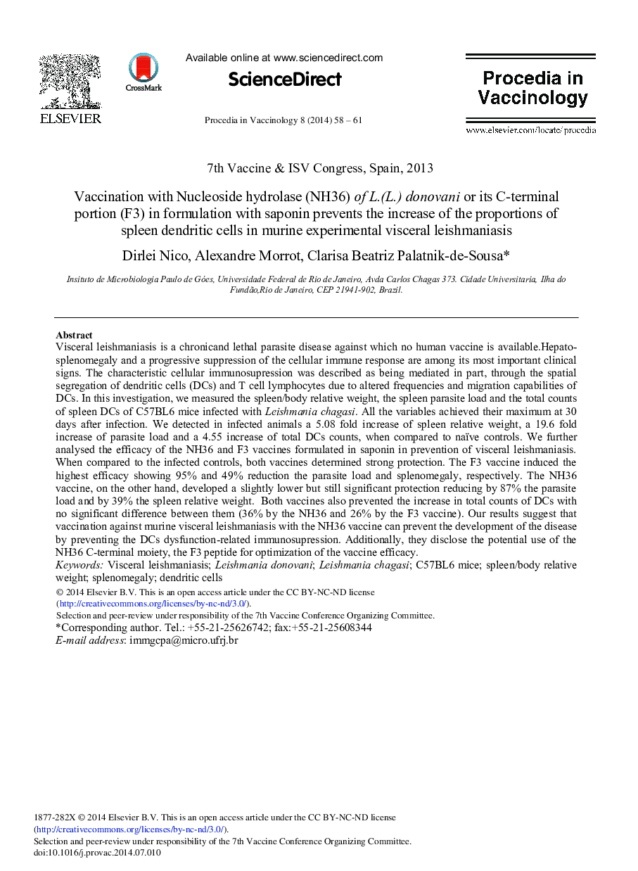 Vaccination with Nucleoside Hydrolase (NH36) of L.(L.) Donovani or its C-terminal Portion (F3) in Formulation with Saponin Prevents the Increase of the Proportions of Spleen Dendritic Cells in Murine Experimental Visceral Leishmaniasis 