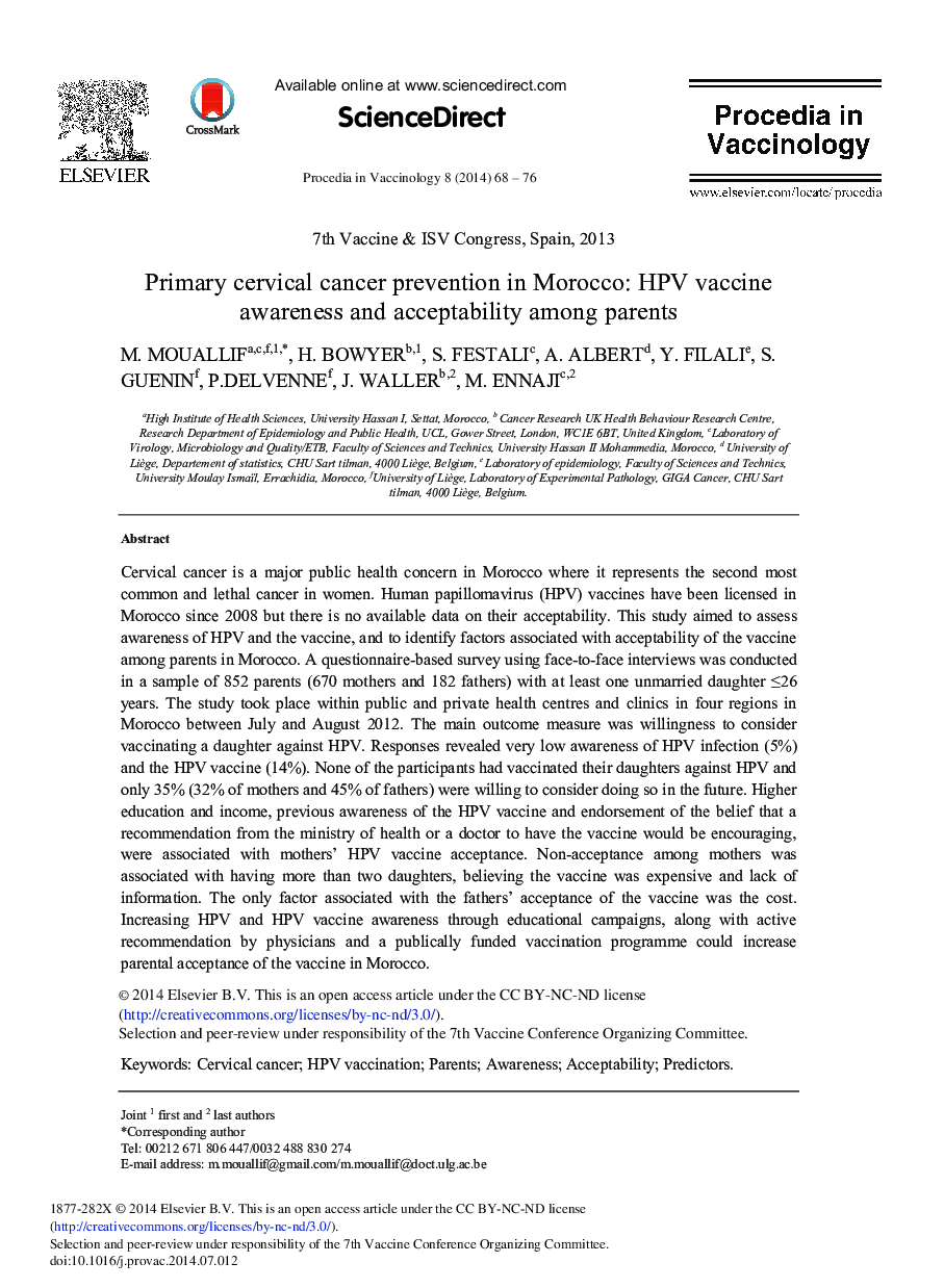 Primary Cervical Cancer Prevention in Morocco: HPV Vaccine Awareness and Acceptability among Parents 