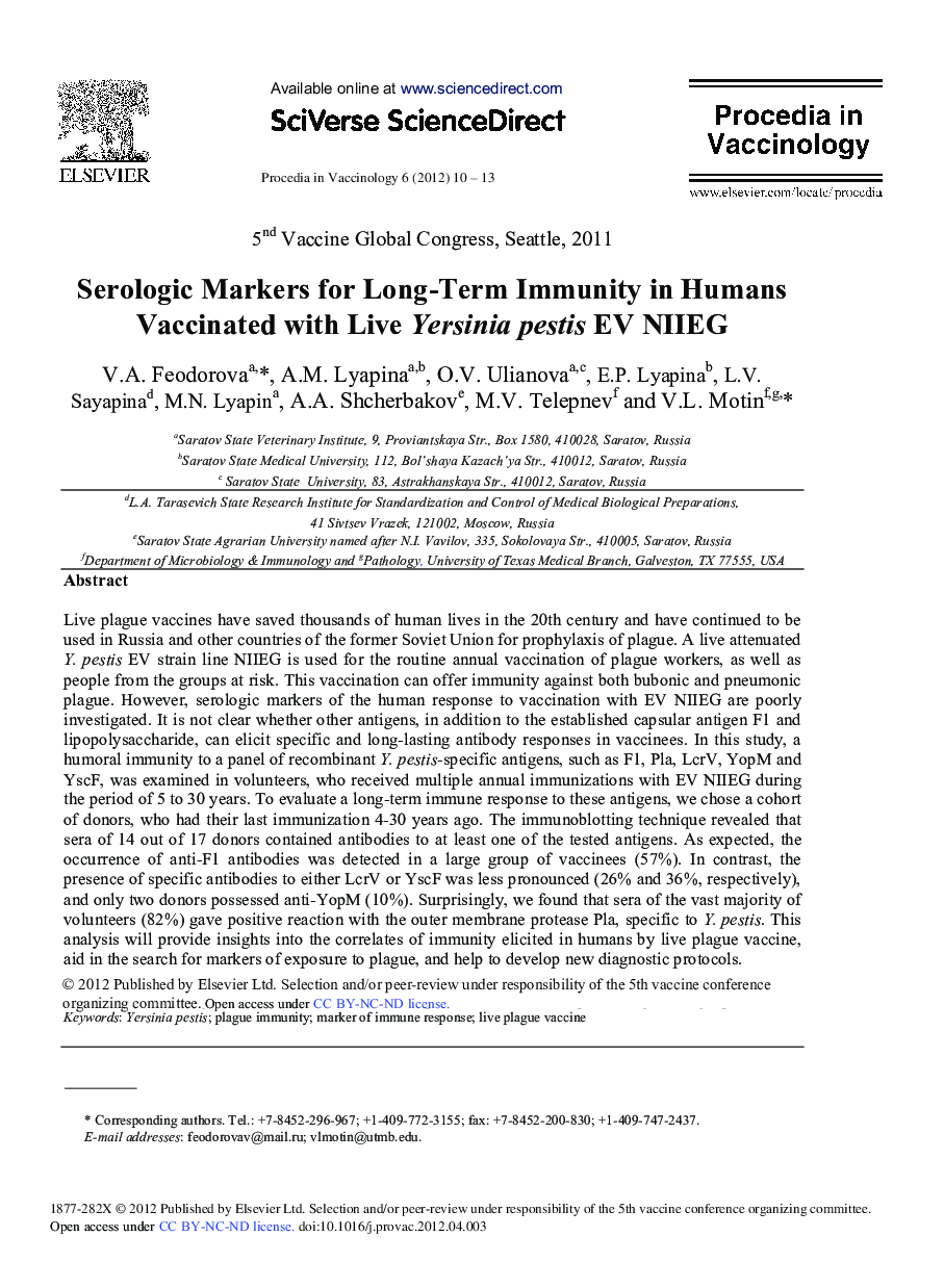 Serologic Markers for Long-Term Immunity in Humans Vaccinated with Live Yersinia pestis EV NIIEG