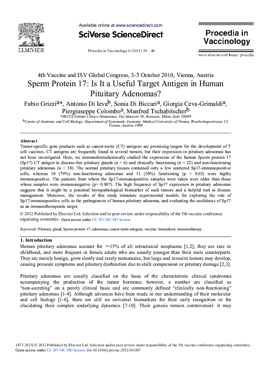 Sperm Protein 17: Is It a Useful Target Antigen in Human Pituitary Adenomas?