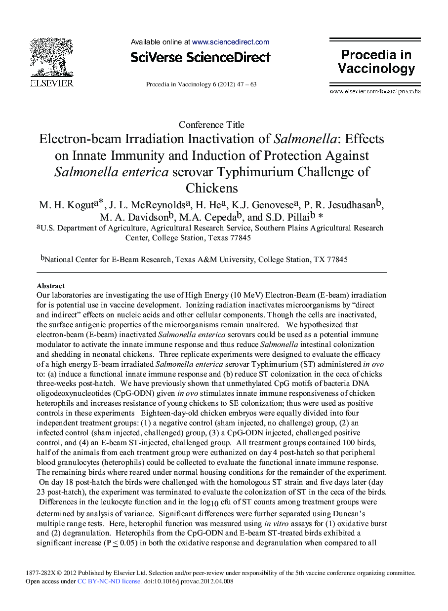 Electron-beam Irradiation Inactivation of Salmonella: Effects on Innate Immunity and Induction of Protection Against Salmonella enterica serovar Typhimurium Challenge of Chickens