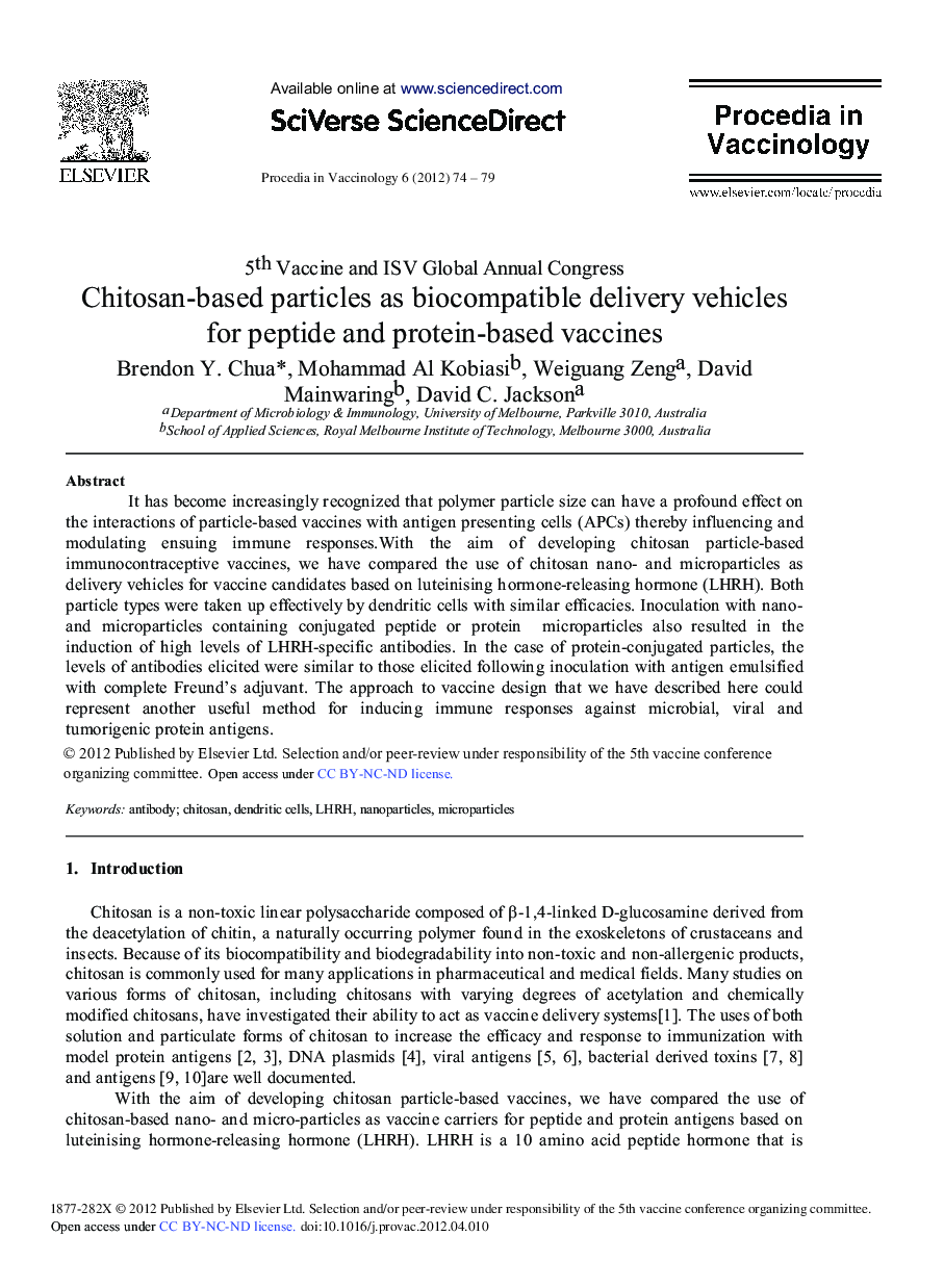 Chitosan-based particles as biocompatible delivery vehicles for peptide and protein-based vaccines