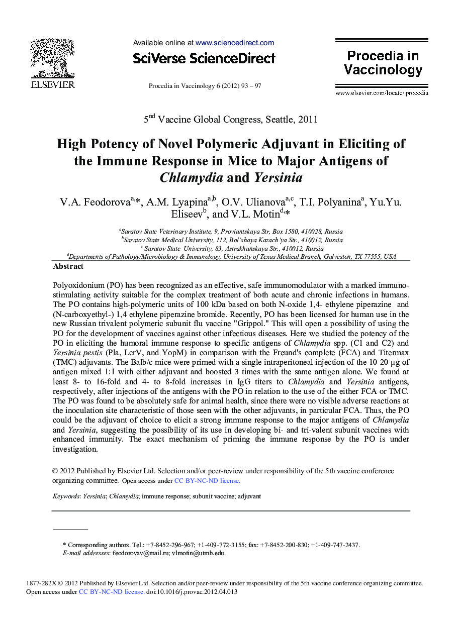 High Potency of Novel Polymeric Adjuvant in Eliciting of the Immune Response in Mice to Major Antigens of Chlamydia and Yersinia