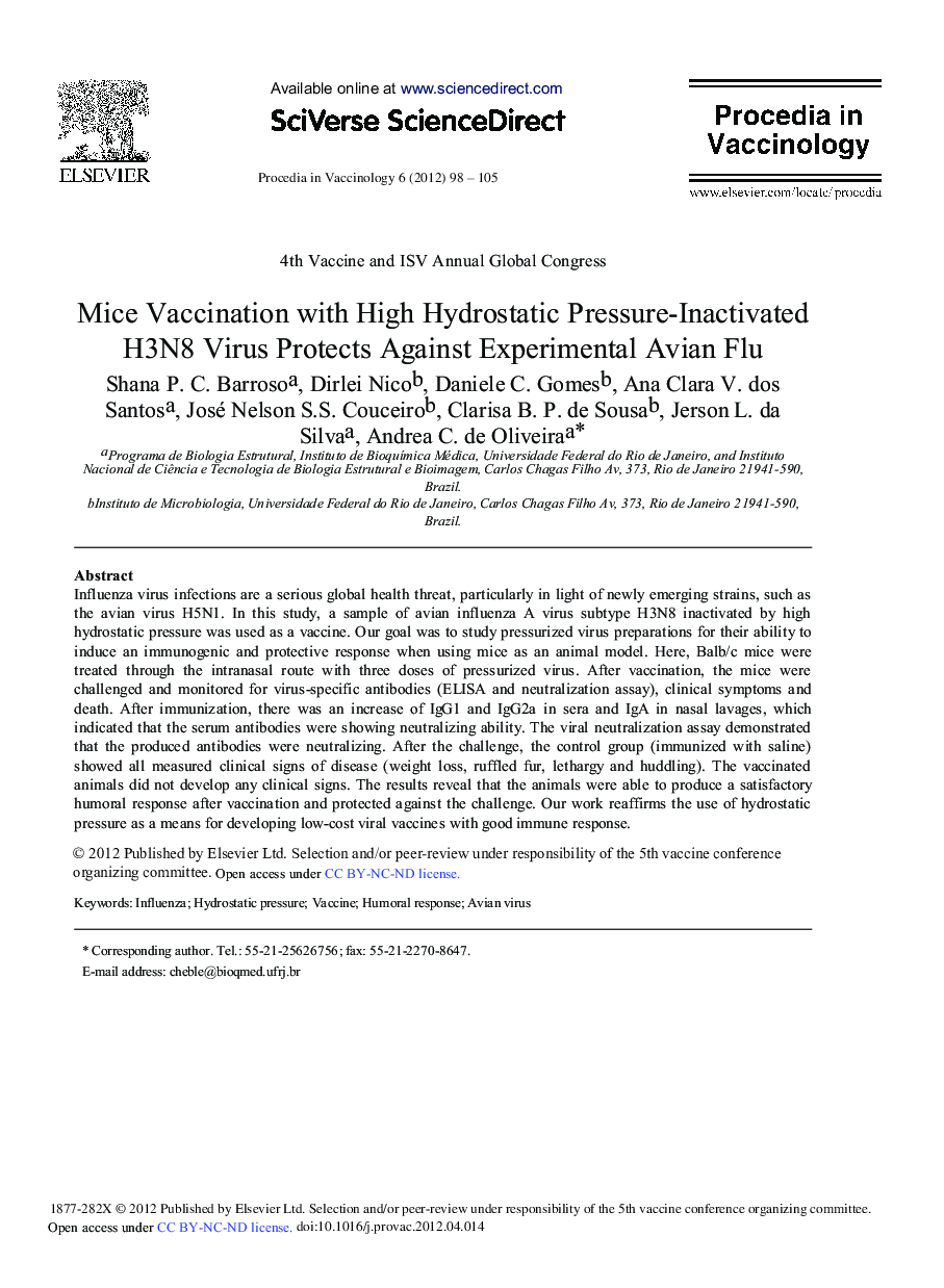 Mice Vaccination with High Hydrostatic Pressure-Inactivated H3N8 Virus Protects Against Experimental Avian Flu