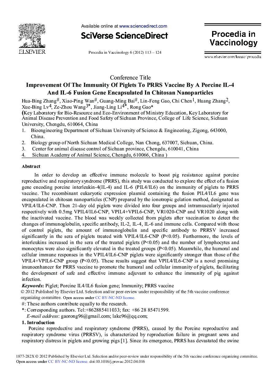 Improvement Of The Immunity Of Piglets To PRRS Vaccine By A Porcine IL-4 And IL-6 Fusion Gene Encapsulated In Chitosan Nanoparticles