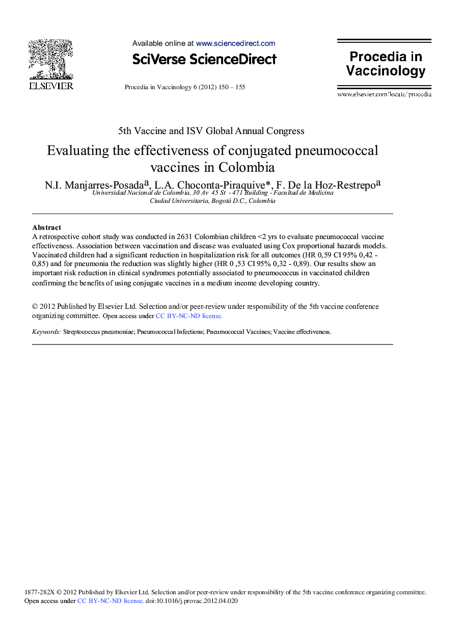 Evaluating the effectiveness of conjugated pneumococcal vaccines in Colombia