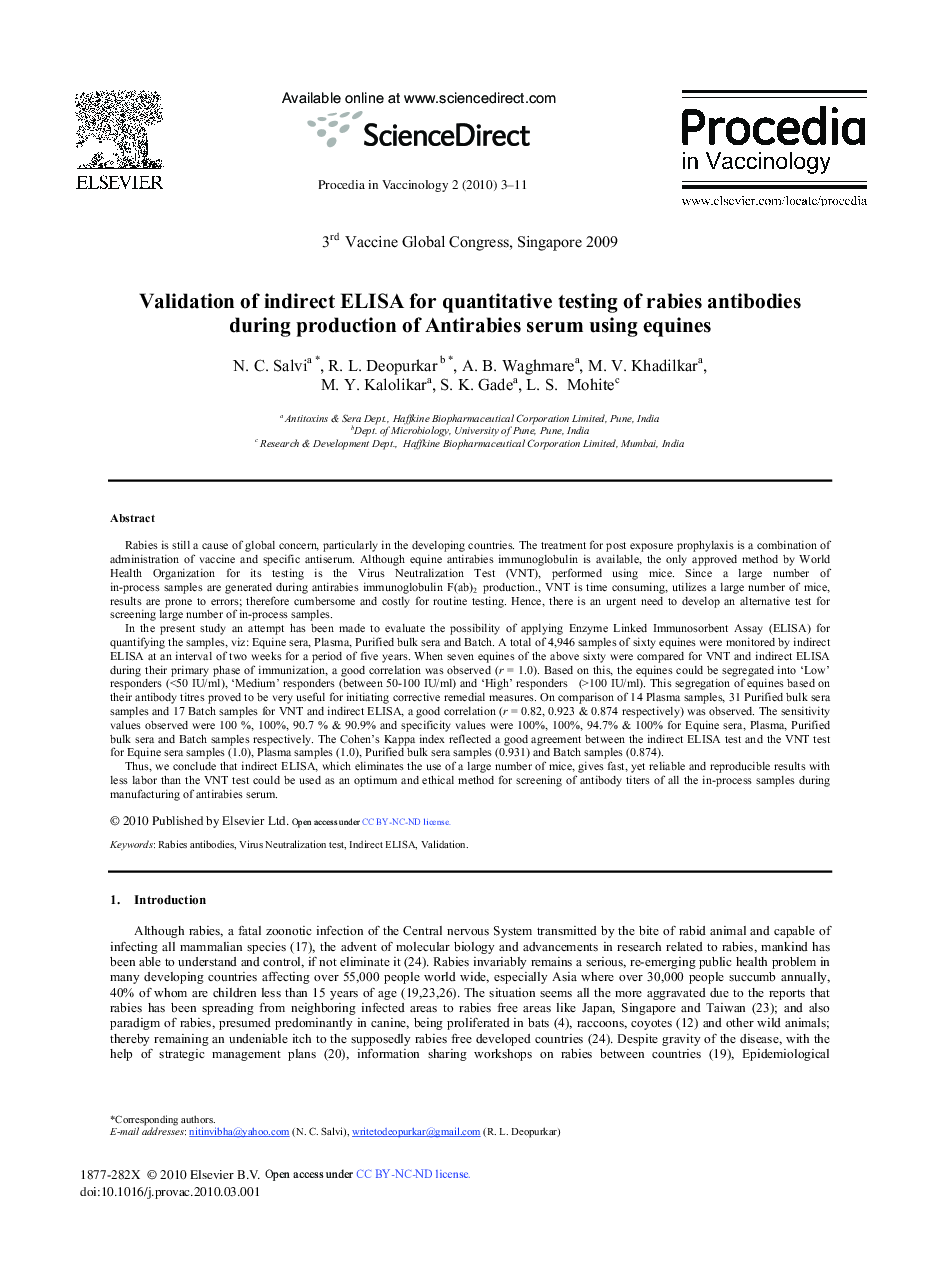 Validation of Indirect ELISA for Quantitative Testing of Rabies Antibodies During Production of Antirabies Serum using Equines