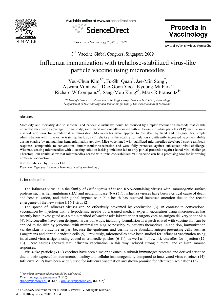 Influenza immunization with trehalose-stabilized virus-like particle vaccine using microneedles