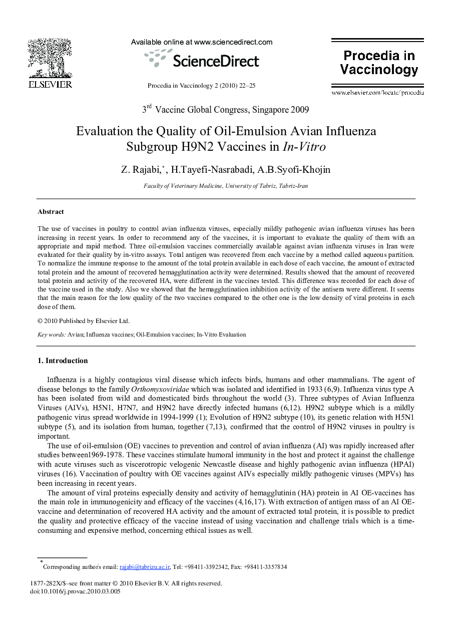 Evaluation the Quality of Oil-Emulsion Avian Influenza Subgroup H9N2 Vaccines in In-Vitro