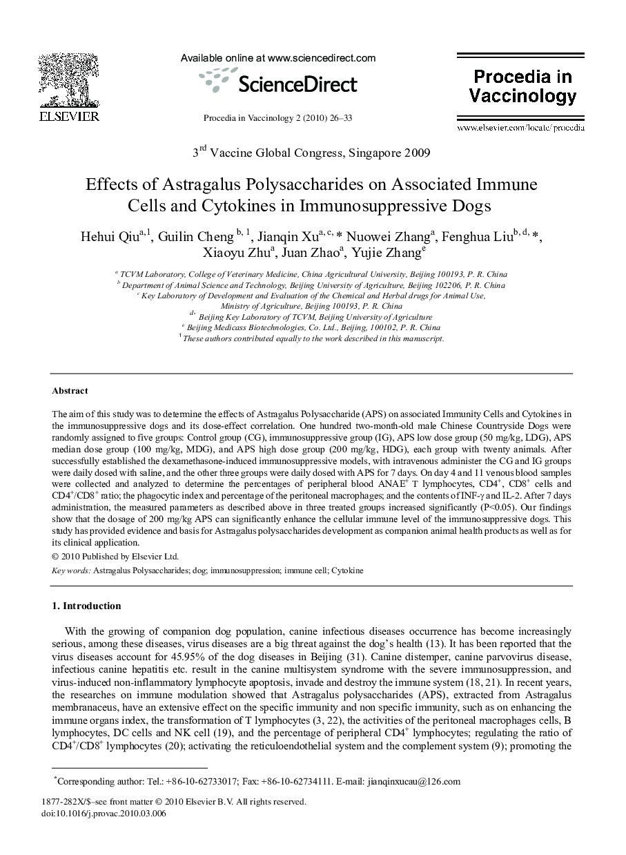 Effects of Astragalus Polysaccharides on Associated Immune Cells and Cytokines in Immunosuppressive Dogs