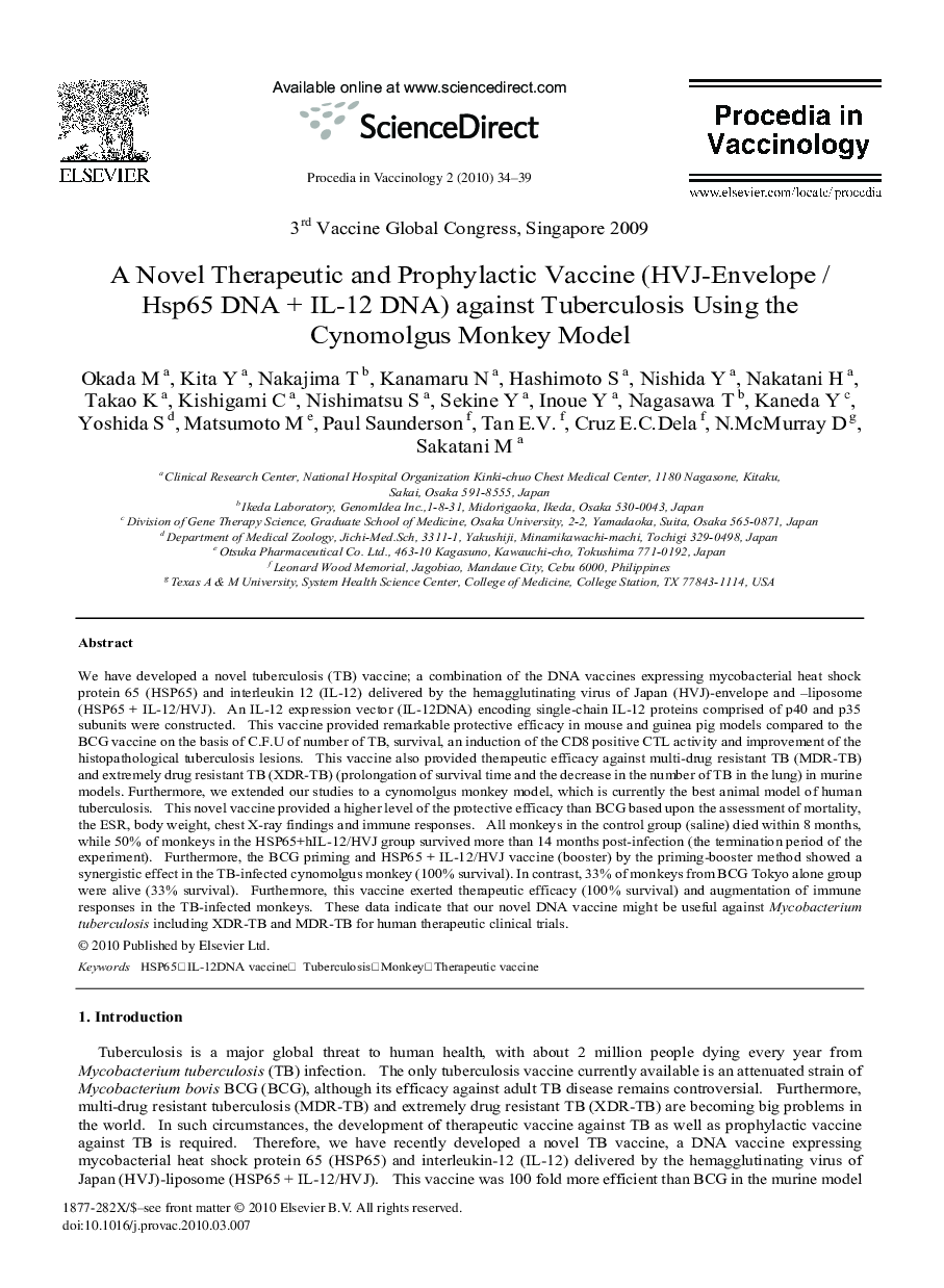 A Novel Therapeutic and Prophylactic Vaccine (HVJ-Envelope / Hsp65 DNA + IL-12 DNA) against Tuberculosis Using the Cynomolgus Monkey Model