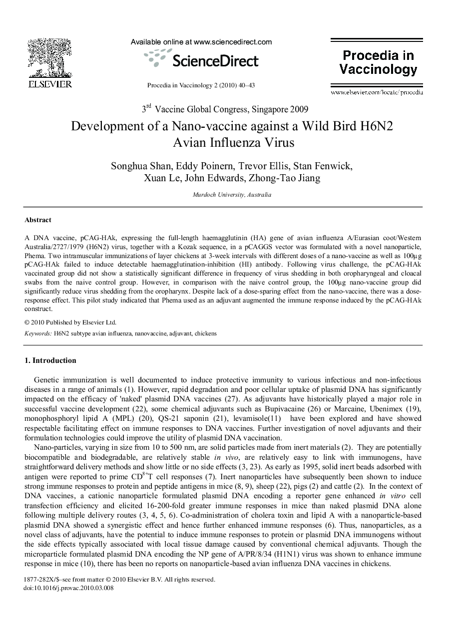 Development of a Nano-vaccine against a Wild Bird H6N2 Avian Influenza Virus